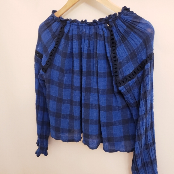 Free People Honey Grove Blue & Black Checkered Buffalo Plaid Peasant Top, Size S - Picture 5 of 9